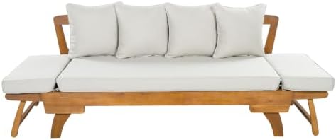 Merax Outdoor Patio Daybed Sofa,3-Seat Sofa with Foldable Arm 4 Back Pillows,Teak Acacia Wood Frame Beige Removable Cushion,Teak+ Beige