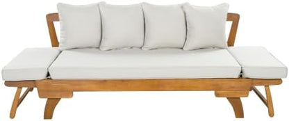 Merax Outdoor Patio Daybed Sofa,3-Seat Sofa with Foldable Arm 4 Back Pillows,Teak Acacia Wood Frame Beige Removable Cushion,Teak+ Beige