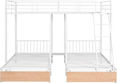 MERITLINE Detachable Full Over Twin & Twin Bunk Bed with Storage and Ladder,Metal Triple Bunk Bed with Drawers and Guardrails,Space-Noise Free, No Box Spring Needed (White)