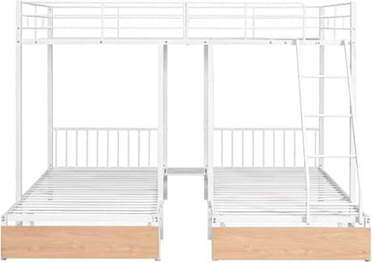 MERITLINE Detachable Full Over Twin & Twin Bunk Bed with Storage and Ladder,Metal Triple Bunk Bed with Drawers and Guardrails,Space-Noise Free, No Box Spring Needed (White)