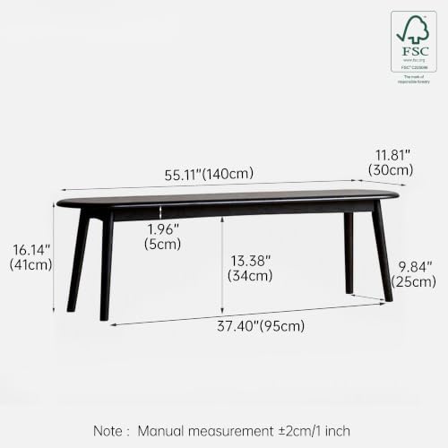 Modern Farmhouse Dining Bench with 100% Solid Oak Wood Bench Frame, Bed End Bench Ottoman for Kitchen Living Room Bedroom Entryway (Black, 55.1'')