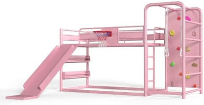 Full Size Bunk Bed with Slide & Basketball Hoop, Pink