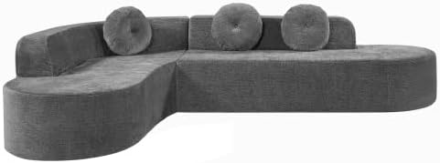 122'' Extra Large Sectional Sofa, Fully Compressed Sponge, Elegant Curved Design with Three Round Cushions, Soft Fabric Upholstery, High-Resilience Foam for Ultimate Comfort, Grey