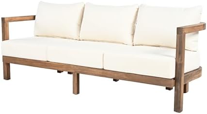 Merax 3 Seater Outdoor Acacia Wood Patio Sofa with Cushions for Porch, Garden, Backyard, Balcony, Brown wash, Beige Cushion