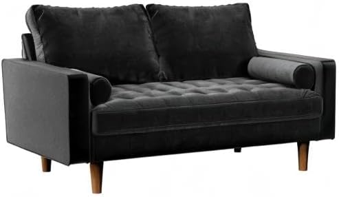 Container Furniture Direct Womble Mid Century Modern Velvet Upholstered Tufted Seat with Bolster Pillows, Sofa, Black