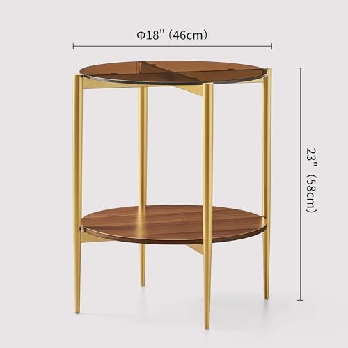 D18in Round Glass End Table, Mid-Century Modern Design Side Table for Living Room, D18xH23inch, Amber Glass and Walnut MDF Wood, Conical Legs with Gold Finish Frame