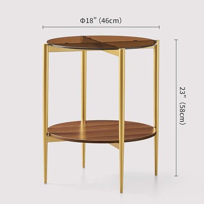 D18in Round Glass End Table, Mid-Century Modern Design Side Table for Living Room, D18xH23inch, Amber Glass and Walnut MDF Wood, Conical Legs with Gold Finish Frame