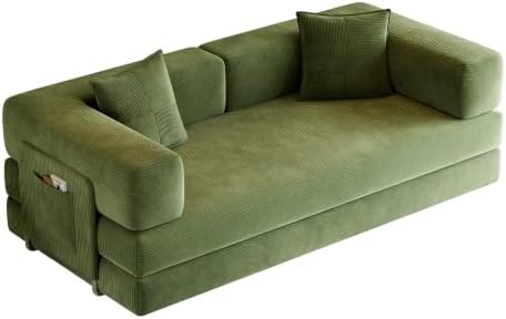 Green Corduroy Convertible Sofa Bed, No Assembly, Removable Backrest & Arms