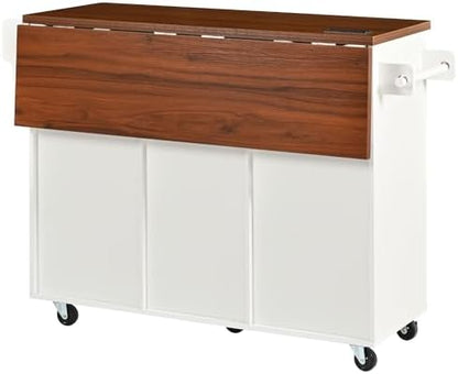Merax Farmhouse 52 inch Kitchen Island on Wheels with Drop Leaf Table, Power Outlet, Wood Kitchen Rolling Cart with Faux Marble Top & 2 Doors & 2 Drawers, White