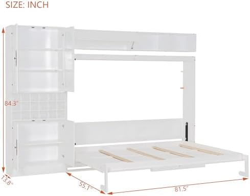 MERITLINE Murphy Bed Queen with Couch and Storage,Charging Station& LED Light,Wood Foldable Murphy Wall Bed Cabinet with Storage Cabinet,Sofa,Bookcase and Wine Rack