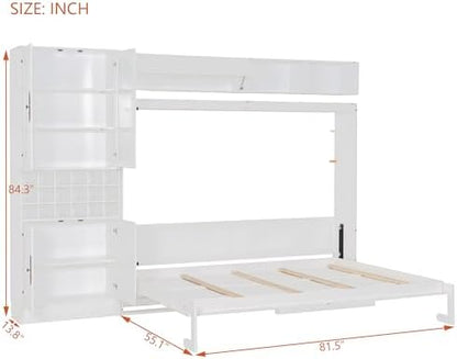 MERITLINE Murphy Bed Queen with Couch and Storage,Charging Station& LED Light,Wood Foldable Murphy Wall Bed Cabinet with Storage Cabinet,Sofa,Bookcase and Wine Rack
