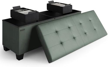 Storage Ottoman Bench with Bins, 43-in Storage Bench for Bedroom End of Bed, Folding Foot Rest Ottoman for Living Room Max 660lbs, Leather Ottomans, Green