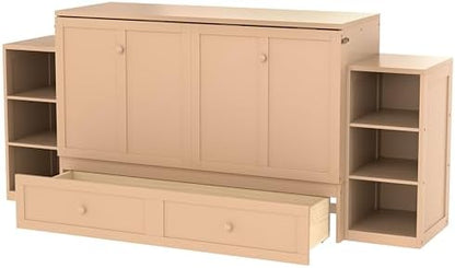 Bellemave Queen Murphy Bed, Cabinet Bed with 2 Shelves and Storage Drawers, Farmhouse Murphy Cabinet, Golden
