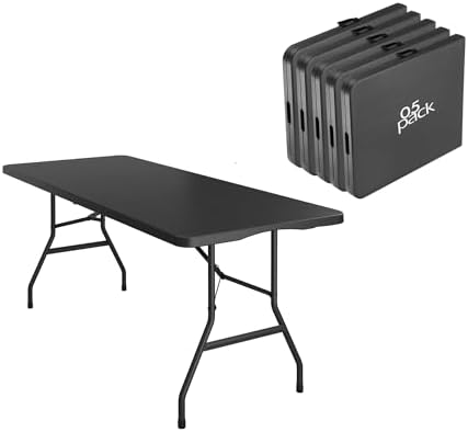 5 Pack 6FT Folding Tables, Heavy Duty, Carry Handle, Black