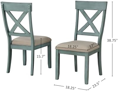 Roundhill Furniture Prato Wood Cross Back Upholstered Dining Chairs, Set of 2, Antique Blue and Tan
