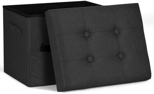 Ottoman with Storage,Linen Ottoman with Side Pocket & Handles, Grey Black