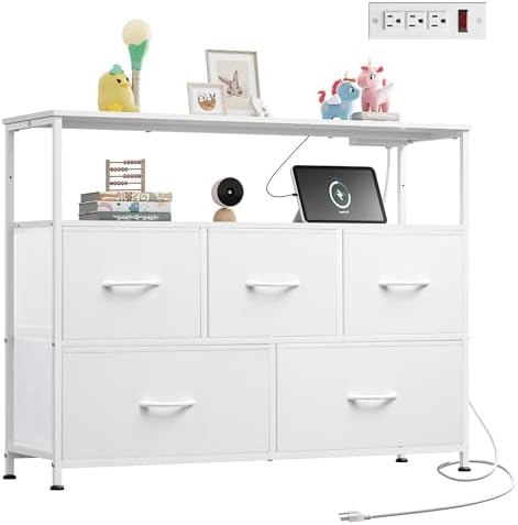 WLIVE 5 Drawer White Fabric Dresser Charging Station, Chest of Drawers