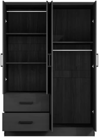 Woodpeckers Furniture And Mattress 4 Mirrored Doors Wardrobe 2 Drawers with Shelves 72 high (3 Mirrors, Black)