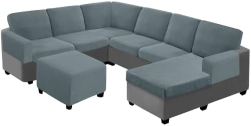 UNBBRRL Seat Cushion Cover and Back Covers for Corner Sofa Stretch Jacquard, Non Slip L Shaped Sofa Slipcover with Storage Ottoman, Sectional Couch Cover for Chaise Lounge (Dusty Blue,47 x 61 x 6”)