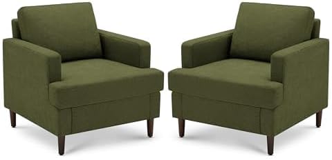 Weture Mid-Century Accent Chair,Modern Linen Fabric Armchair for Living Room,Comfy Upholstered Reading Accent Chairs for Bedroom,Single Sofa Chair with Wood Legs (Green, 2 Pack)