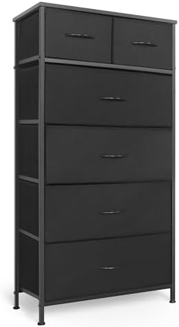 Mifuro Tall Dresser for Bedroom, Vertical Storage Organizer Tower with 6 Drawers, Chest of Drawers with Fabric Bins, Steel Frame, Wood Top for Bedroom, Closet, Entryway- Black