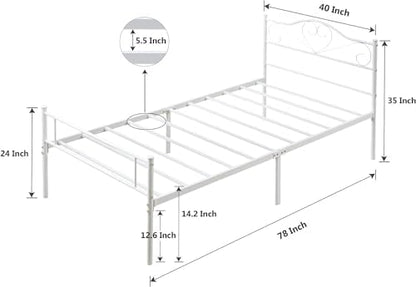 VECELO 14 Inch Twin Size Metal Platform Bed Frame with Headboard and Footboard, Heavy Duty Mattress Foundation with Steel Slats Support, No Box Spring Needed, White