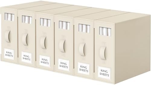 Bed Sheet Organizers and Storage, 6 Pack Foldable Linen Closet Organizer Box – Bedding Holder for Sheet Set (King/Queen Sizes), Duvet Covers, Blankets (Beige)