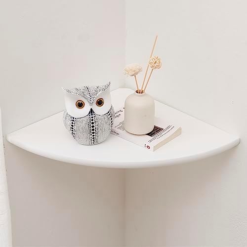 Corner Shelf, White Solid Oak Wood Floating Corner Shelf Wall Mount Round End Floating Speaker Shelf Display Shelf for Small Plant Photo Frame (White, 16in)