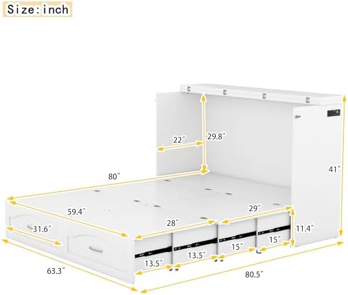 Merax Queen Murphy Bed with Storage Drawers, Pulley Structure Design, Murphy Bed Queen with Sockets & USB Ports, No Box Spring Needed, White