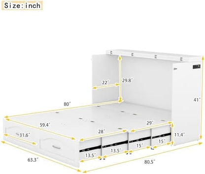 Merax Queen Murphy Bed with Storage Drawers, Pulley Structure Design, Murphy Bed Queen with Sockets & USB Ports, No Box Spring Needed, White