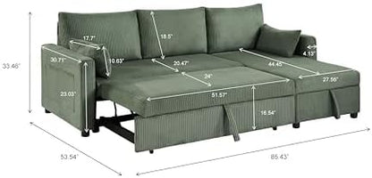 Queen Sleeper Sofa, Convertible Sofa Bed with Storage, 85 Inch Sectional Couch with Pull Out Bed, L Shaped 3 Seat Sectional Sleeper Sofa for Living Room, Apartment, Green