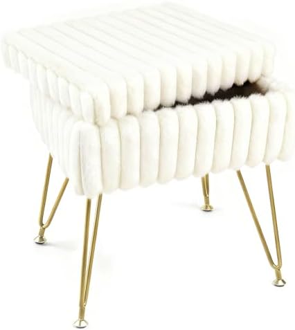 Vanity Stool Chair with Storage, Faux Fur Soft Padded Ottoman with Coffee Table, Modern Vanity Chair Fluffy Footstool with Metal Legs for Makeup, Living Room, Bedroom White