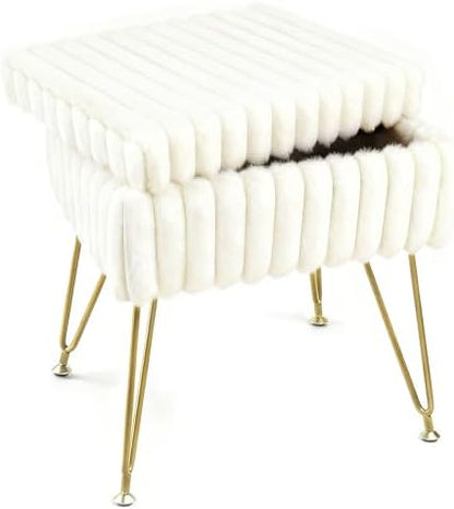 Vanity Stool Chair with Storage, Faux Fur Soft Padded Ottoman with Coffee Table, Modern Vanity Chair Fluffy Footstool with Metal Legs for Makeup, Living Room, Bedroom White