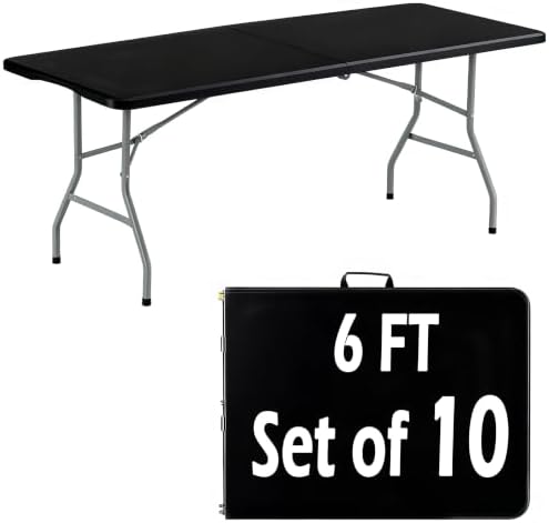 10 Pack 6FT Black Plastic Folding Tables, Fold-in-Half