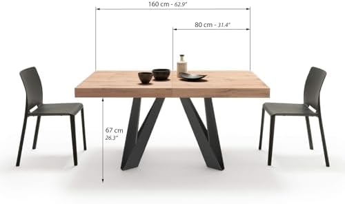 Mobili Fiver, Romina Extendable Table 63(94.5) x35.4 in, Rustic Oak with Black Iron Legs, Made in Italy