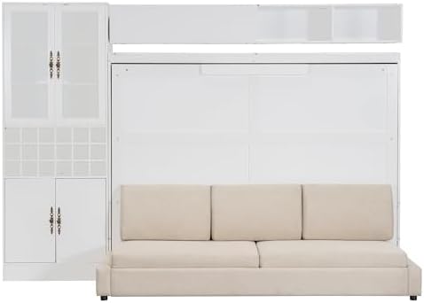 MERITLINE Murphy Bed Queen with Couch and Storage,Charging Station& LED Light,Wood Foldable Murphy Wall Bed Cabinet with Storage Cabinet,Sofa,Bookcase and Wine Rack