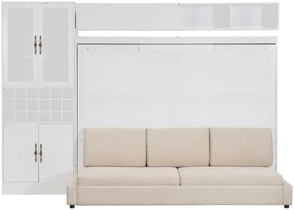 MERITLINE Murphy Bed Queen with Couch and Storage,Charging Station& LED Light,Wood Foldable Murphy Wall Bed Cabinet with Storage Cabinet,Sofa,Bookcase and Wine Rack