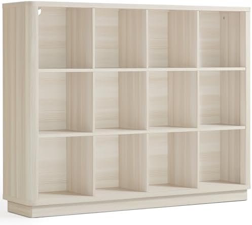 Joaxswe 12 Cube Storage Organizer, 41" Large Bookshelf with Curved Edge, Wood Floor Standing 3-Tier Cubby Bookcase w/Base, Modern Display Storage Cabinet for Living Room, Office, Gray-White Cream Oak