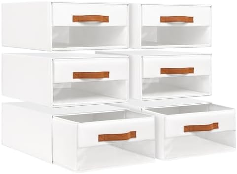 DIMJ Closet Organizers and Storage - Fabric Bins with Drawers for Closet Foldable Clothes Organizers with Clear Window, Stackable Storage Drawers Units for Bedroom, Living Room, 6-Pack, White