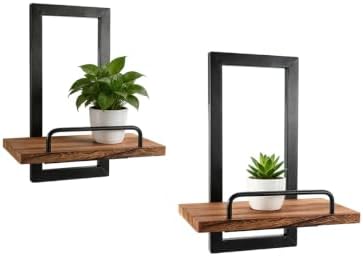 Floating Plant Shelves 2Pack, Metal&Wood Wall Mounted Shelf with Guardrail