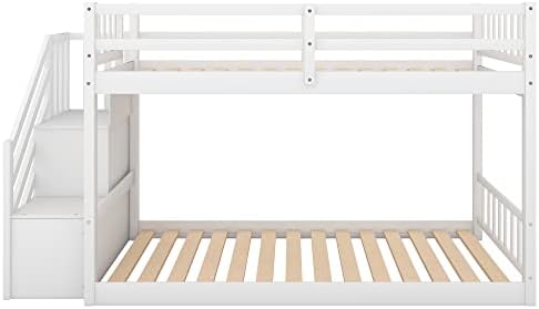 Harper & Bright Designs Kids Bunk Bed Twin Over Twin, Floor Bunk Bed with Stairs, Low Bunk Bed with Storage, Twin Bunk Bed for Kids Toddlers Teens. No Box Spring Needed (White)
