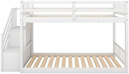 Harper & Bright Designs Kids Bunk Bed Twin Over Twin, Floor Bunk Bed with Stairs, Low Bunk Bed with Storage, Twin Bunk Bed for Kids Toddlers Teens. No Box Spring Needed (White)
