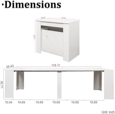 Extendable Dining Room Table for up to 12 People 20-119 inch White Marble