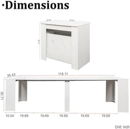 Extendable Dining Room Table for up to 12 People 20-119 inch White Marble