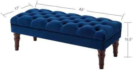24KF Velvet Upholstered Buttons Tufted Entryway Bench with Solid Wood Leg,Bed Bench Ottoman with Padded Seat,5061N-Navy
