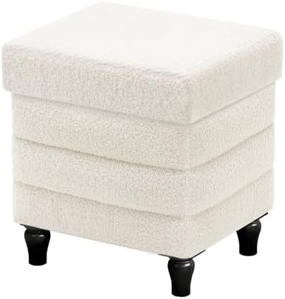 CAROLMADE Folding Storage Ottoman Cube Sherpa Footstool with Wood Legs Ottoman Footrest for Living Room and Bedroom, White 15"x12.6"x15.4"