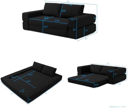 HANXIN 81'' Futon Sleeper Sofa Bed, Boneless Couch for Living Room, Black