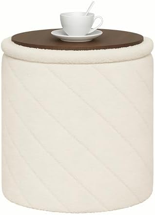 B FSOBEIIALEO Ottoman with Stroage, 17" Round Boucle Ottomans, Cream White