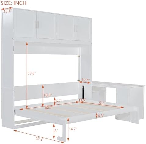 MERITLINE Queen Horizontal Murphy Bed with Desk and Storage Bookcase Shelves,Pine Wood Murphy Wall Bed with Storage Shelves and Desk,for Adults (White)