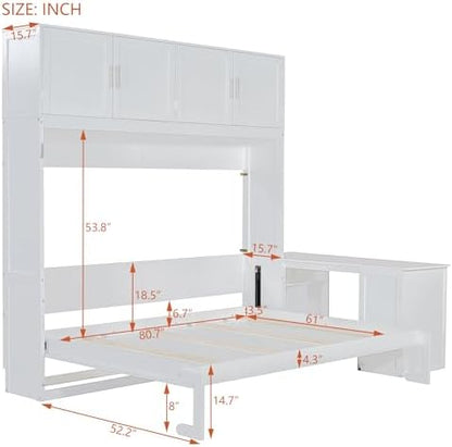 MERITLINE Queen Horizontal Murphy Bed with Desk and Storage Bookcase Shelves,Pine Wood Murphy Wall Bed with Storage Shelves and Desk,for Adults (White)
